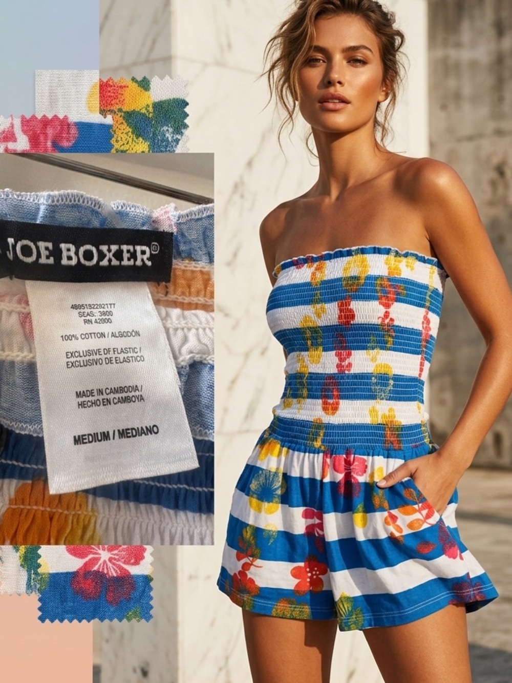 Y2K Joe Boxer Tropical Floral Striped Romper - Strapless Smocked Bodice - Size M